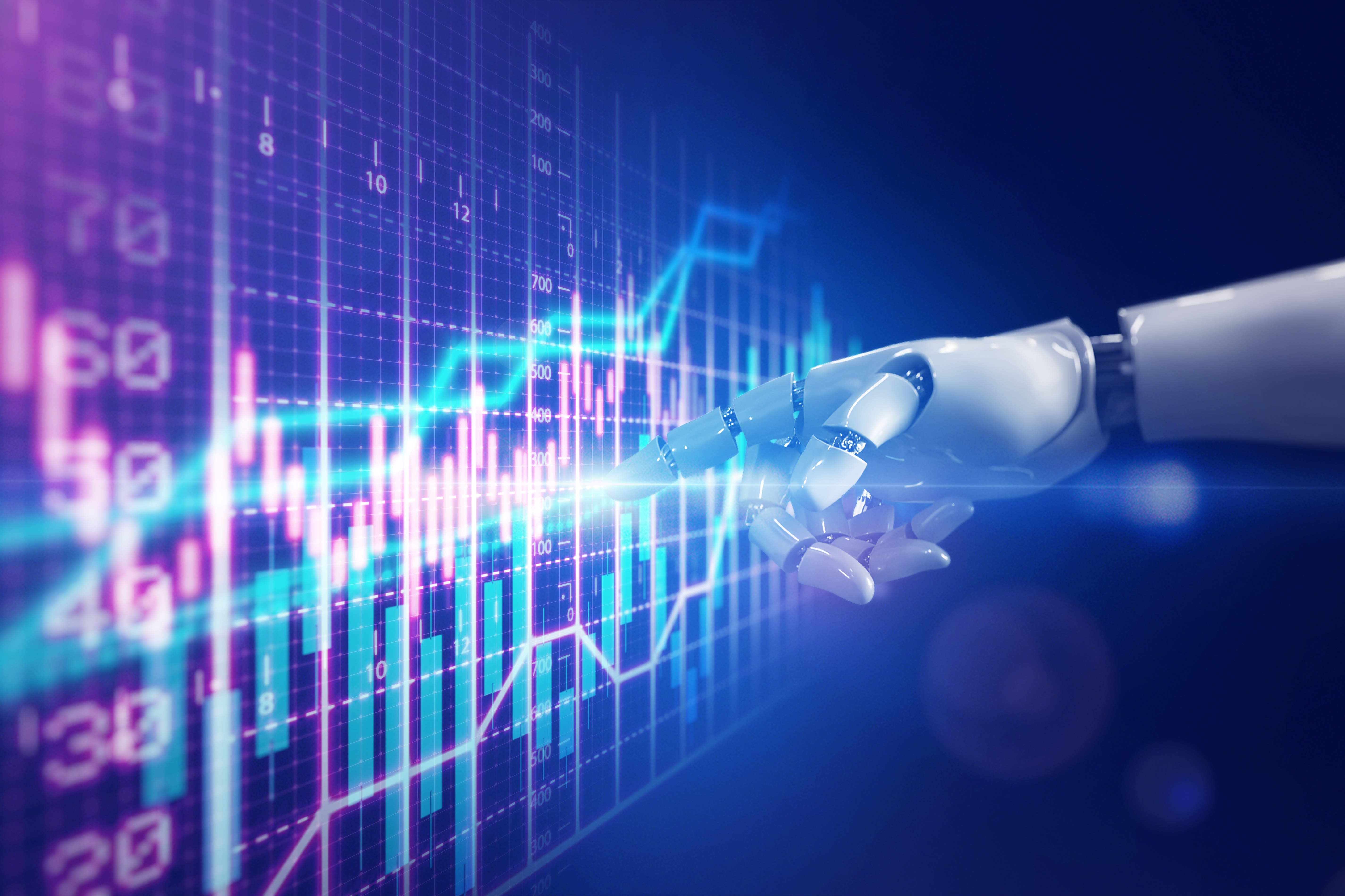 illustration of robot arm pointing at stock chart