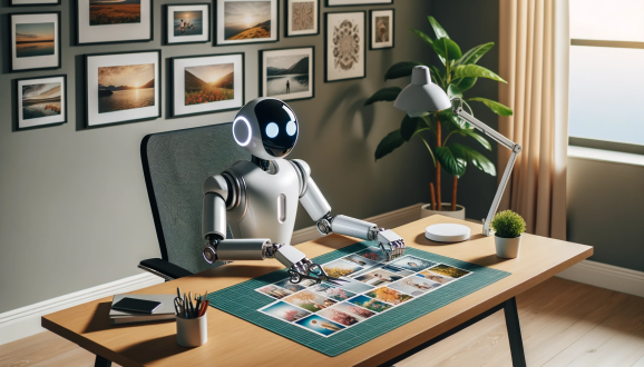 A silver humanoid robot with sleek black spherical head and glowing blue eyes uses scissors to cut out photos on a desk in a home office.