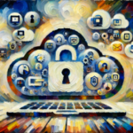 Abstract impressionist style image of a cloud filled with padlocks above a computer keyboard