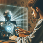 A masculine presenting person sits in front of a laptop from which a hologram of a silver humanoid robot emerges.