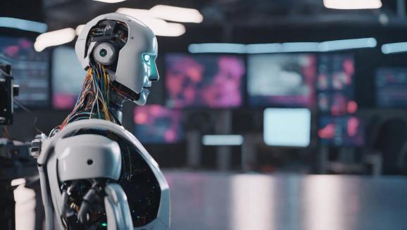 A robot sits in a chair at a conference table with a wall of monitors in the distant blurry background.