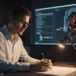 A masculine presenting Caucasian person with short brown hair and glasses holds a pencil over a piece of paper to write beside a monitor displaying data and a bust of a human skull and neck with exposed red brain