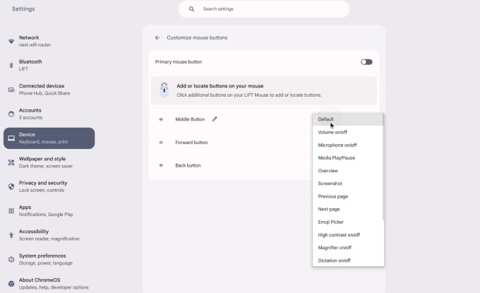 ChromeOS lets you assign actions to additional buttons on your mouse